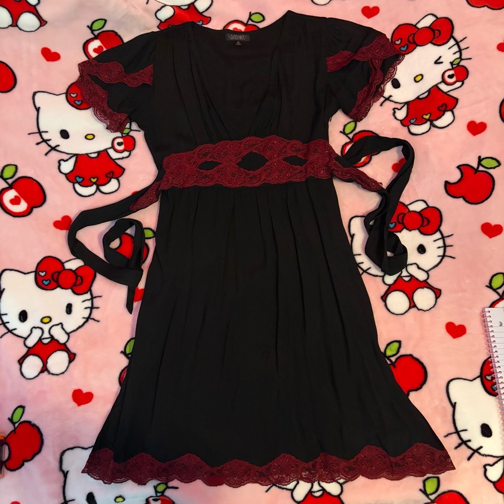 Dollskill Widow Black Dress w Red Lace Accents Size M